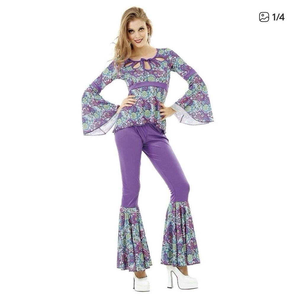Hauntlook Disco Diva 70s Costume Women XL Purple Floral Paisley Bell Sleeves